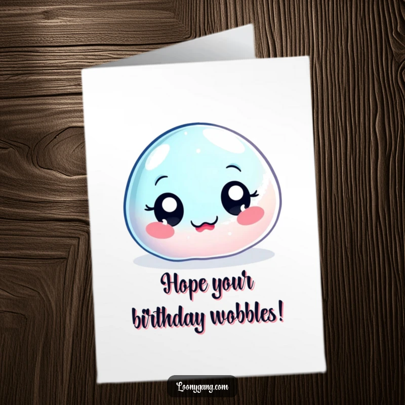 Funny Free Printable Birthday Card: A wobbly jelly blob with big eyes uncontrollably jiggling with birthday excitement.