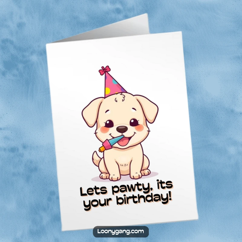 Funny Free Printable Birthday Card: A happy dog in a party hat excitedly blows a party noisemaker.