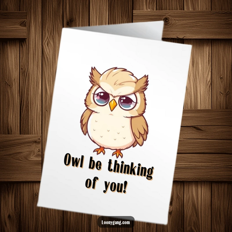 Funny Free Printable Birthday Card featuring a clumsy owl looking flustered while trying to manage an oversized feather.