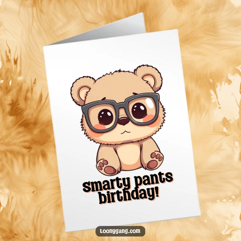 Funny Free Printable birthday card of a silly bear cub wearing oversized glasses and peering curiously, a unique DIY.