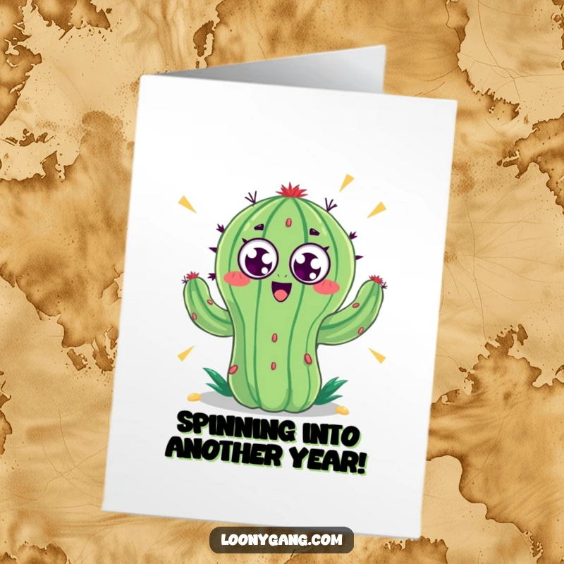 Funny Free Printable Birthday Card: A crazy cactus with googly eyes spinning wildly, ready to deliver birthday wishes with chaotic energy.