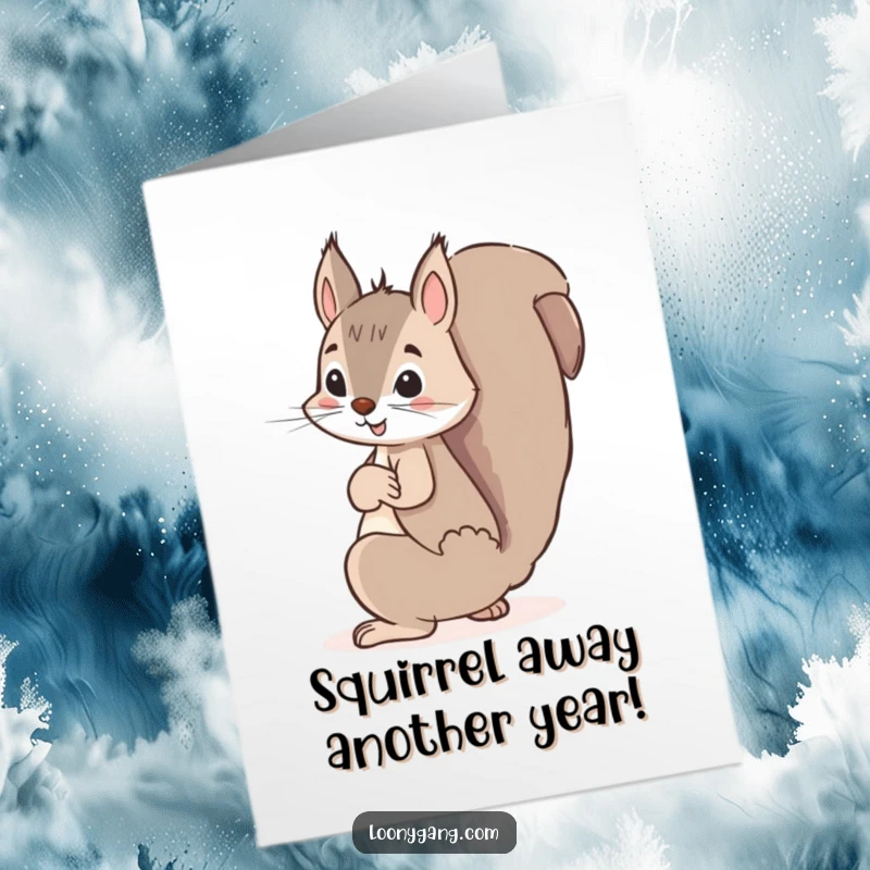 Funny free printable birthday card featuring a mischievous squirrel hiding a giant acorn behind its back.
