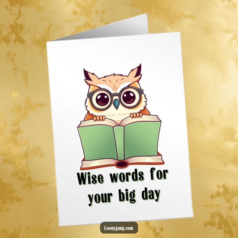 Funny Free Printable Birthday Card: Owl with crooked glasses peeking over a book, ready to share a witty joke.