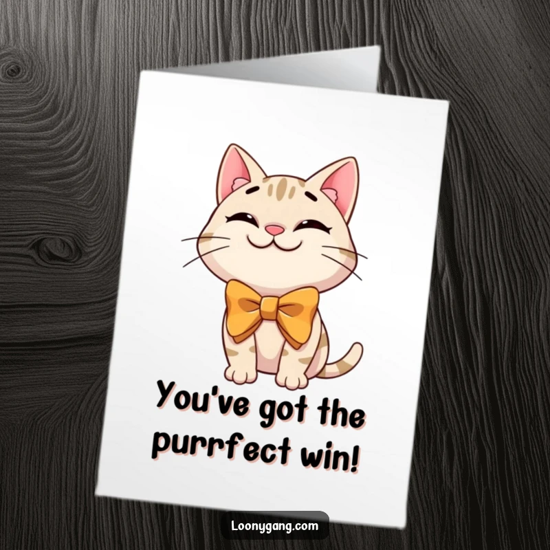 Funny Free Printable Congratulations card showing a grinning cat wearing an oversized bowtie in a hilariously silly pose.