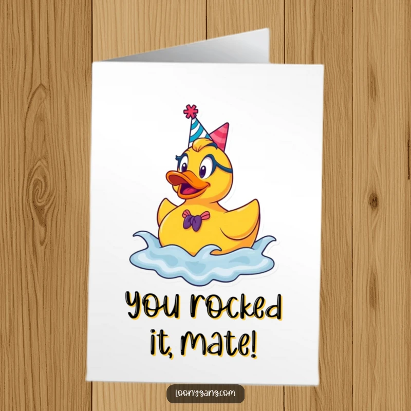 Funny Free Printable Congratulations Card: A goofy rubber ducky in a party hat bouncing on waves to celebrate.
