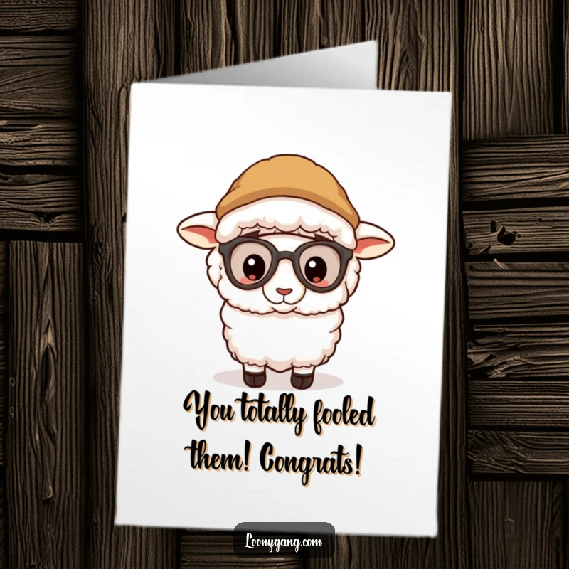 Funny Free Printable Congratulations Card: A sheep peeks out from a comical disguise, ready to celebrate.