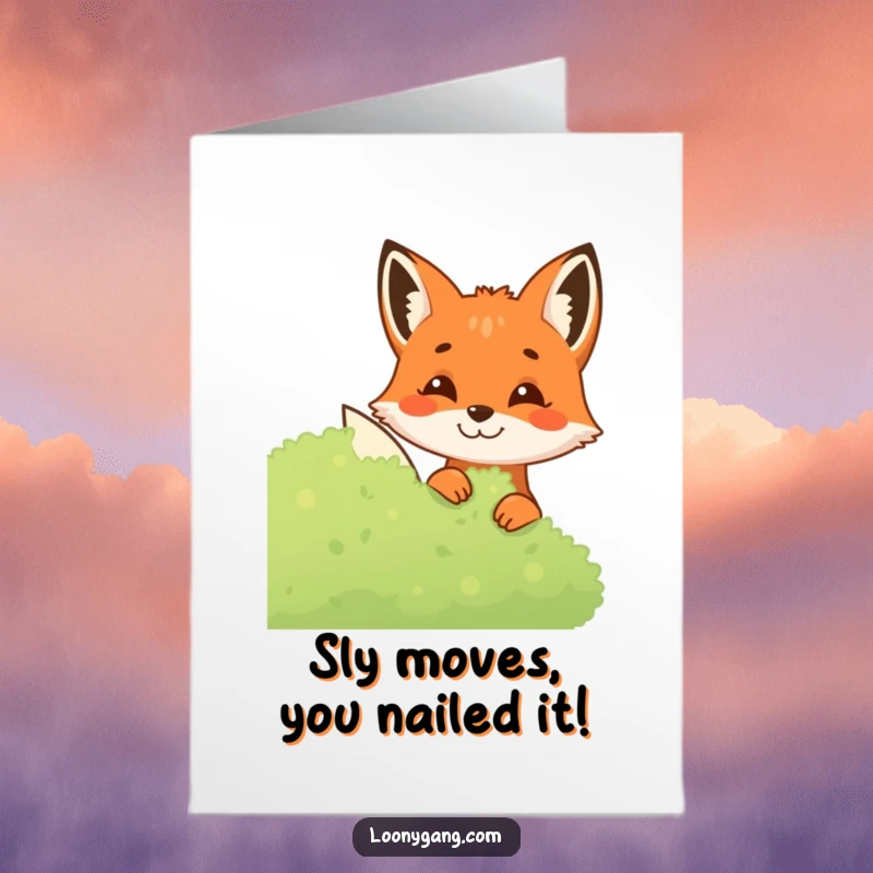 Funny Free Printable Congratulations Card: A mischievous fox peeks from behind a bush, sporting a knowing, sly grin.