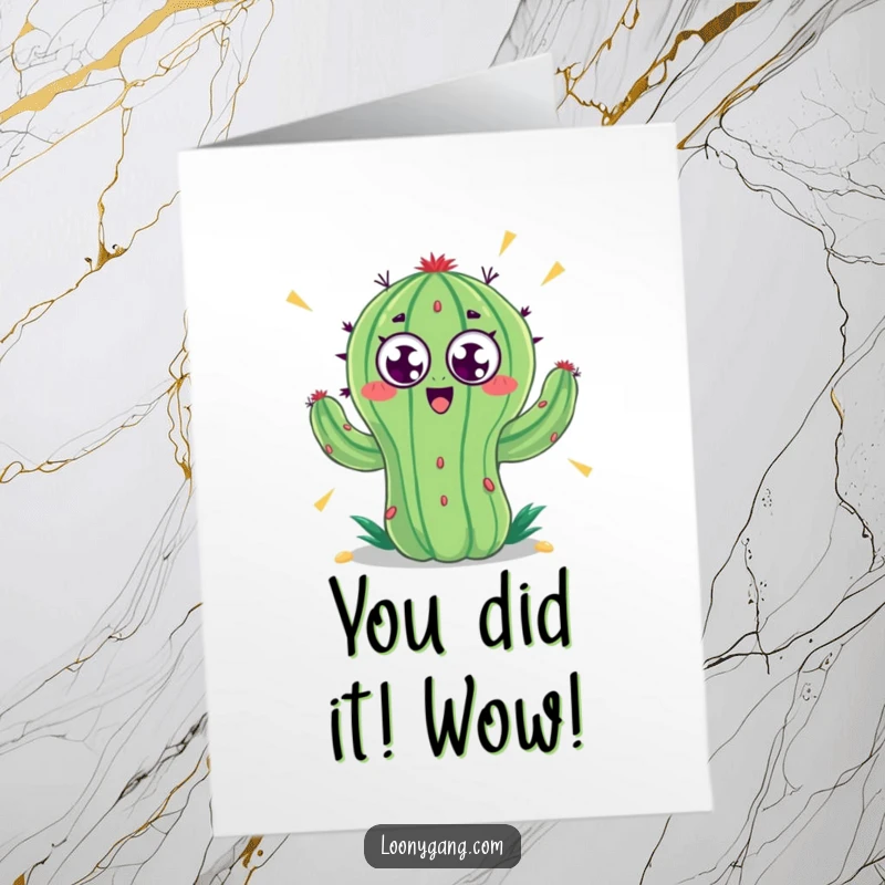 Funny Free Printable Congrats Card: A googly-eyed cactus spinning with chaotic excitement, celebrating achievements in the most energetic way possible.
