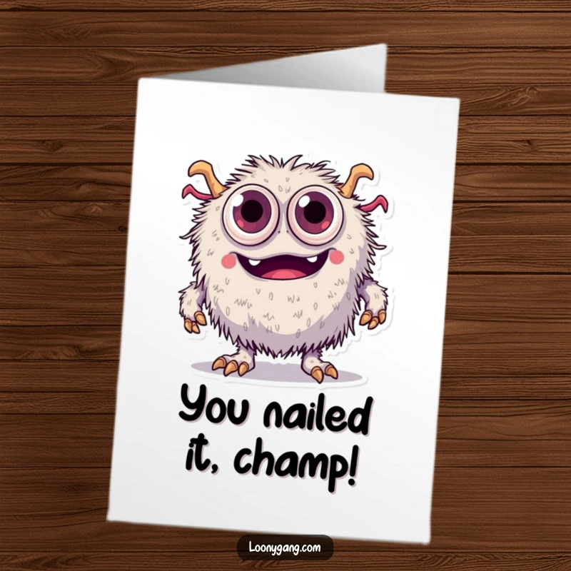 Funny Free Printable Congratulations Card: Fuzzy monster with too many eyes tripping over its feet, embracing the chaos.