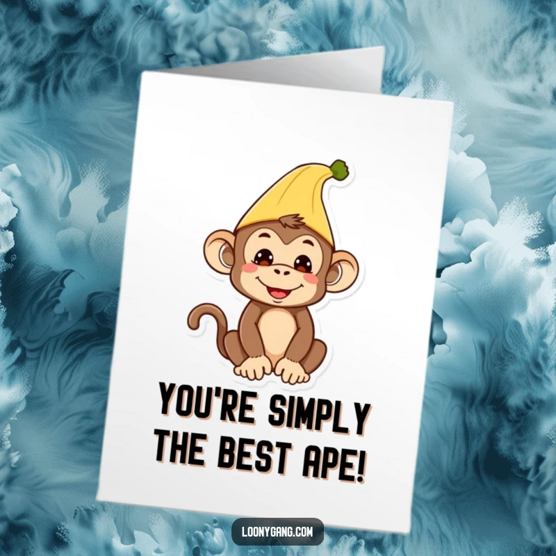 Free printable congratulations card with a silly monkey sporting a banana peel hat, celebrating success with flair.