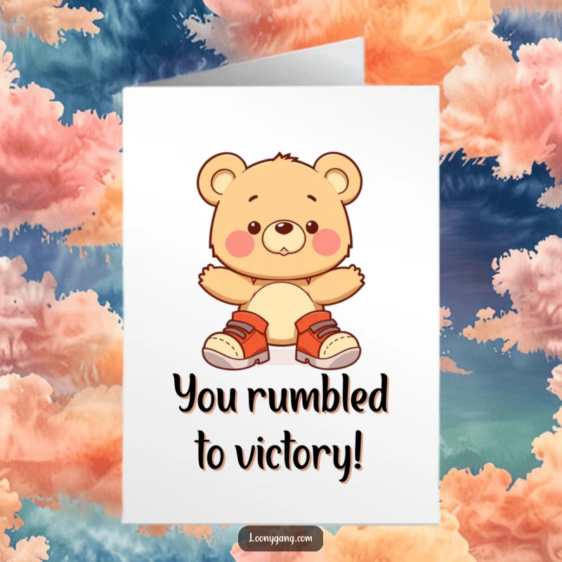 Funny free printable congratulations card showing a bear cub wobbling in huge shoes, symbolizing big, tentative steps.