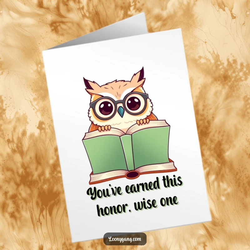 Free Printable Congratulations Card: Amusing owl wearing crooked glasses peeking over a large book, celebrating your success.