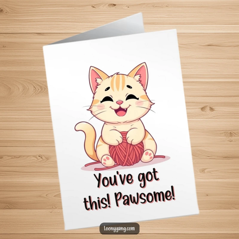 Funny free printable congratulations card with a mischievous cat happily tangled in a ball of yarn, celebrating good news.