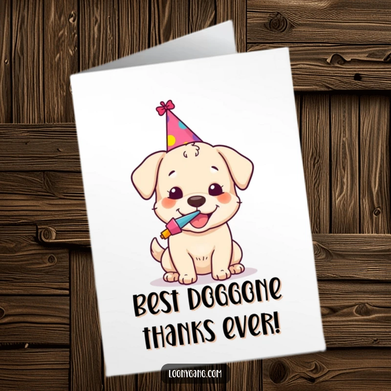 Funny Free Printable Thank You Card: A happy dog in a tiny party hat blowing a noisemaker.