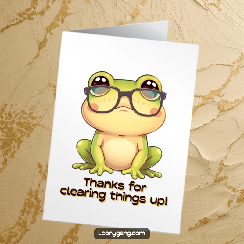 Funny Free Printable Thank You Card: A frog wearing huge glasses looks around in comical confusion.