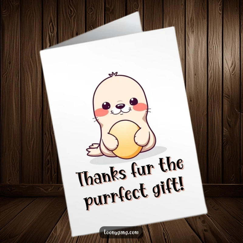 Funny Free Printable Thank You Card: Adorable seal struggling to balance a ball on its nose with a determined look.