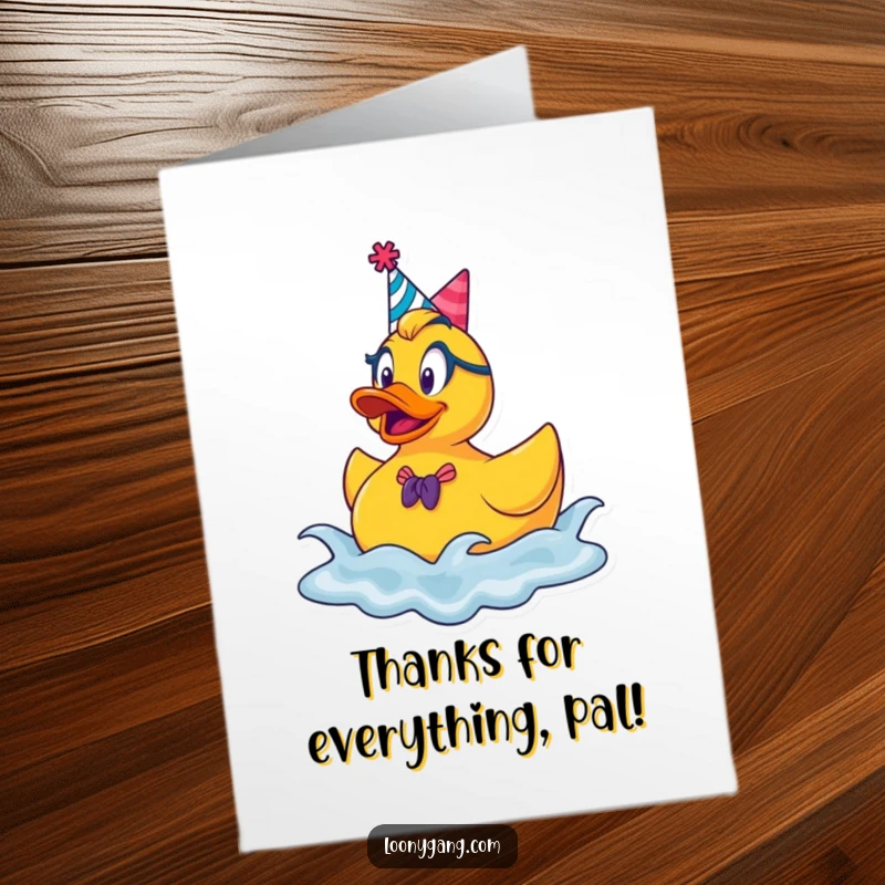Funny Free Printable Thank You Card: A goofy rubber ducky with a party hat bouncing on waves, conveying thanks.