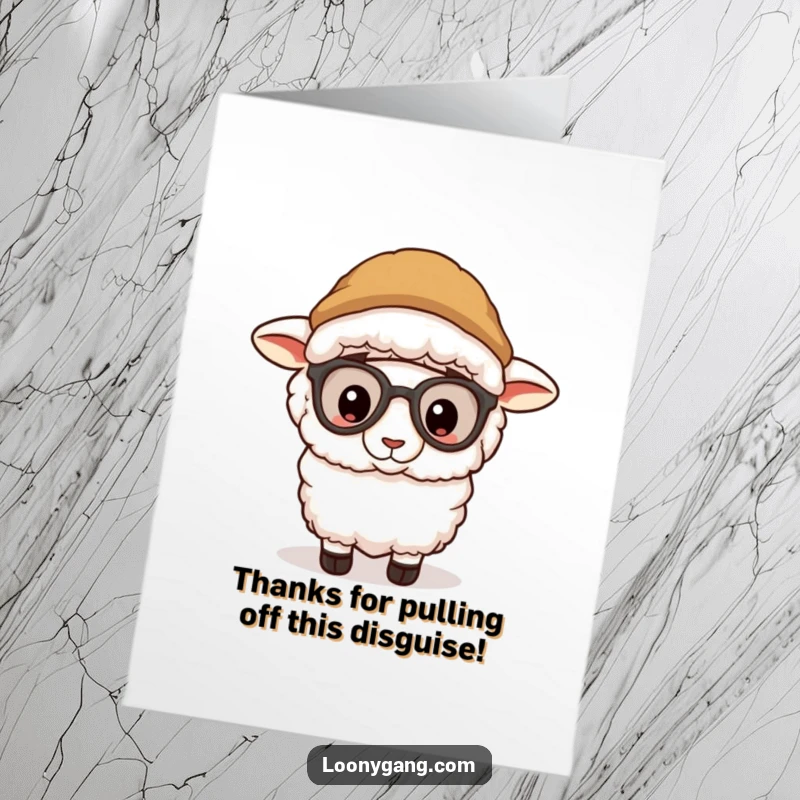 Funny Free Printable Thank You Card: A sheep in a humorous disguise offers thanks with a knowing glance.