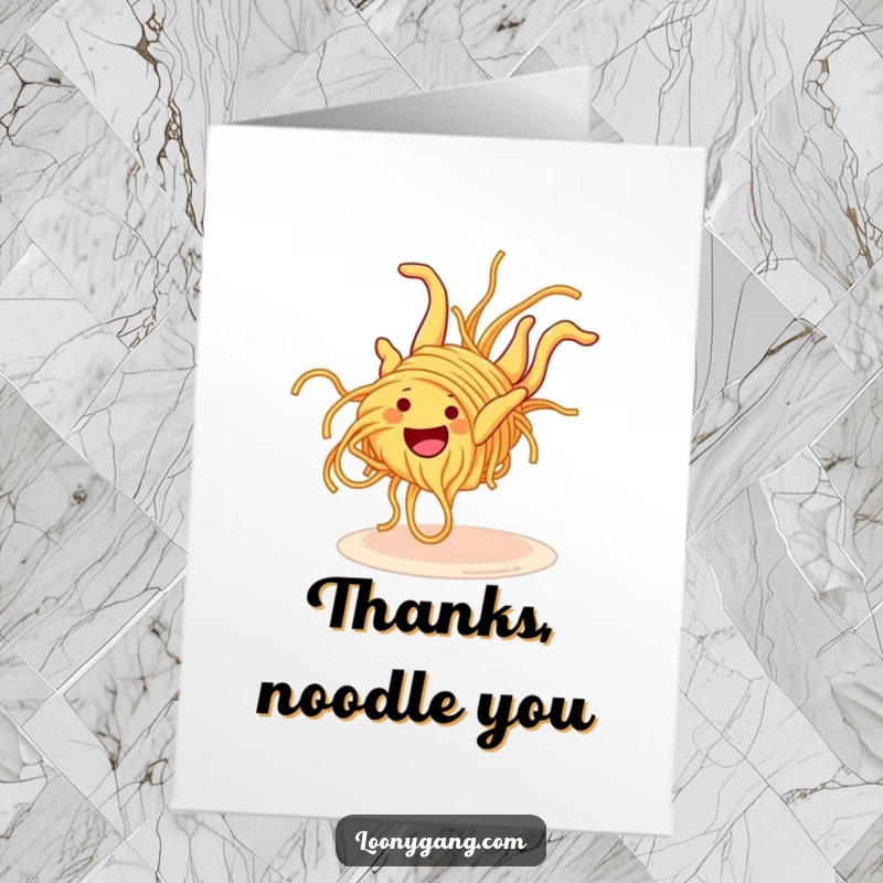 Funny Free Printable Thank You Card: Grinning spaghetti noodle character doing a clumsy somersault, conveying an unexpectedly funny thank you.