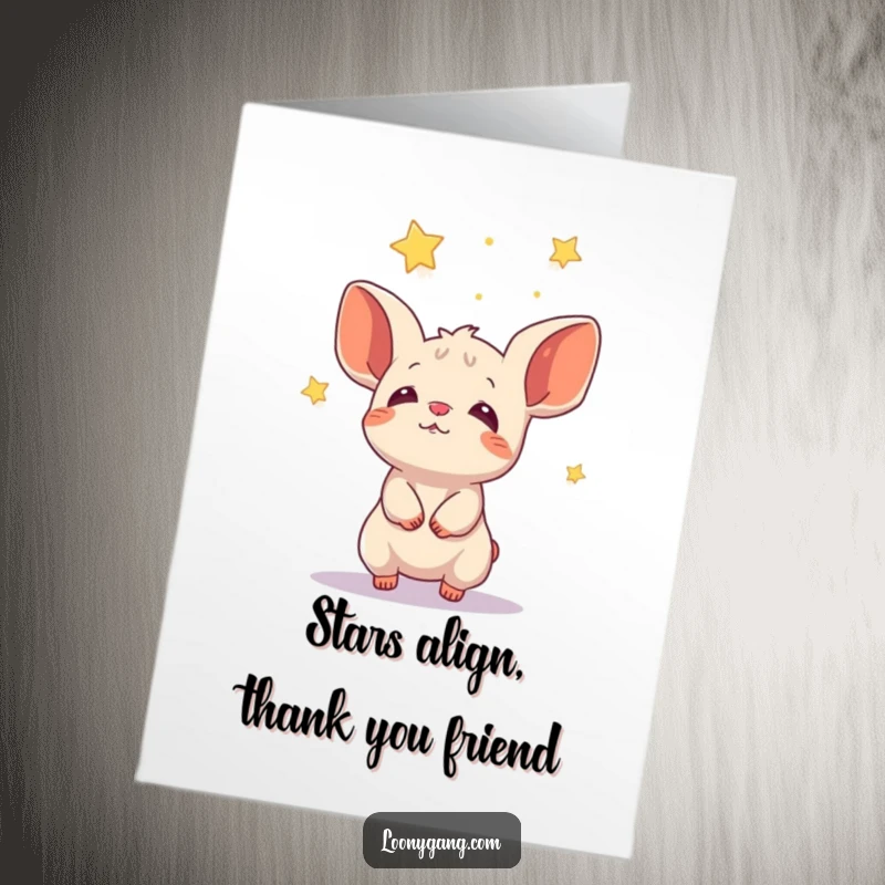 Funny Free Printable Thank You Card: Creature with large ears happily catches falling stars.
