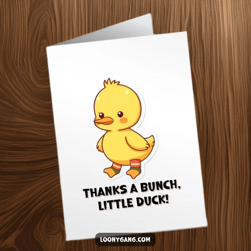 Funny Free Printable Thank You Card with a bright yellow duckling wearing mismatched socks, expressing thanks cutely.