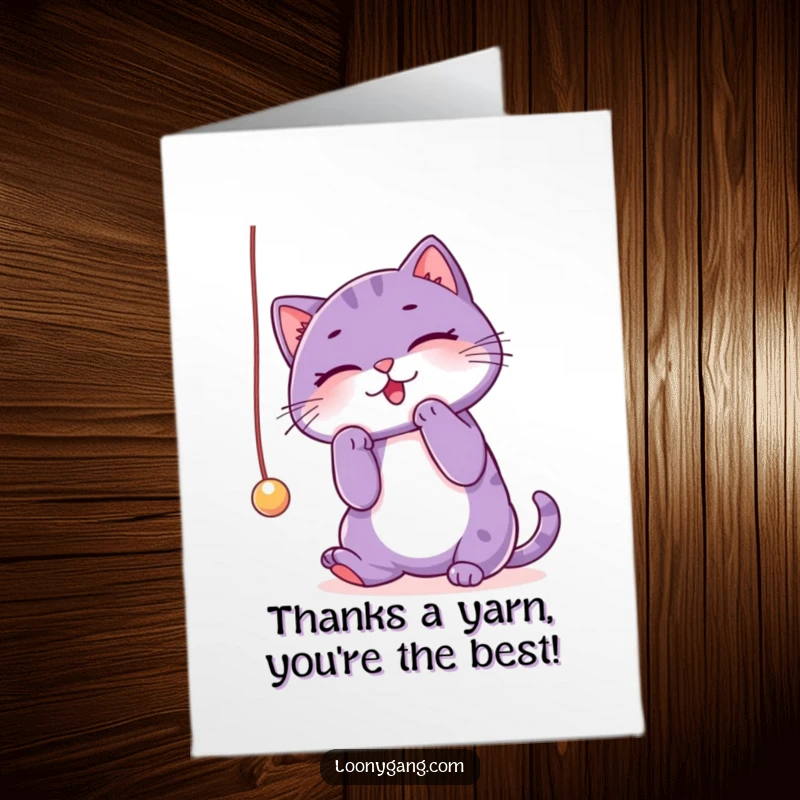 Funny Free Printable Thank You Card: Purple cat tangled in string, expressing thanks humorously.