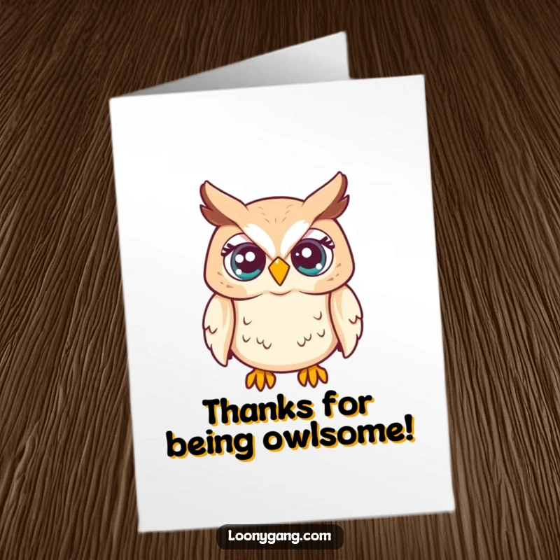 Funny free printable thank you card depicting a startled owl whose eyes are popping out, expressing shocked gratitude.