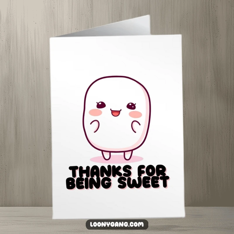 Funny Free Printable Thank You Card: Happy, jiggly marshmallow character wiggling with pure silliness to convey thanks.