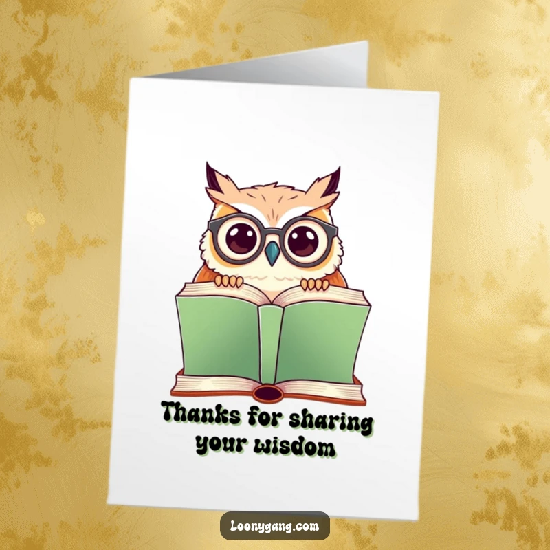 Funny Free Printable Thank You Card: Cute owl with crooked glasses peeking over a book, expressing gratitude with wit.
