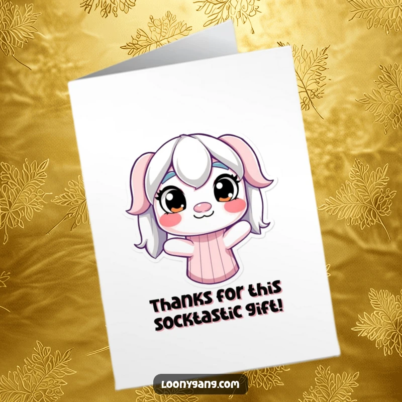 Funny Free Printable Thank You Card: a derpy sock puppet with mismatched eyes wiggling with thanks.