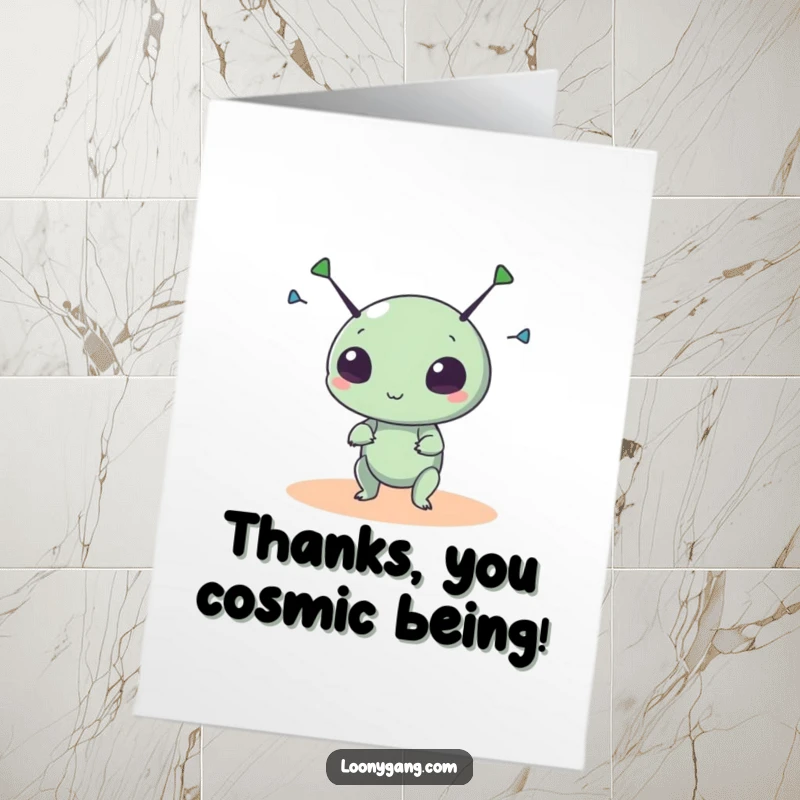 Funny Free Printable Thank You Card: A small round alien creature spins its antennae wildly, saying thanks.