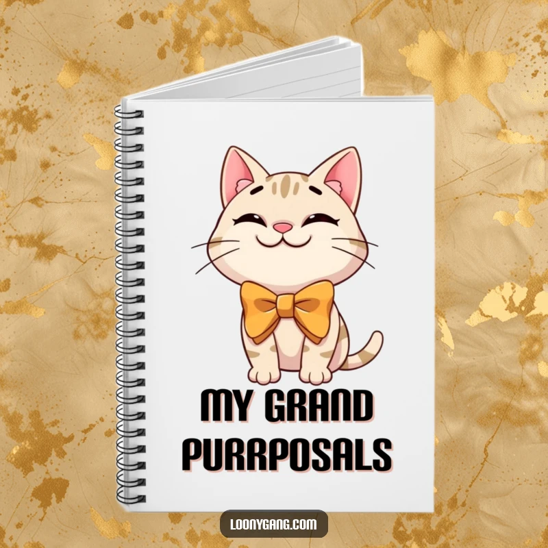 Funny cat bowtie notebook featuring a grinning cartoon cat in a silly, oversized bowtie, ideal for jotting down notes with humor.