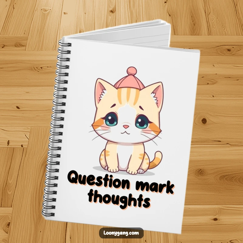 A lined notebook featuring a cover illustration of a funny, confused cat cub with a tiny hat worn backwards.