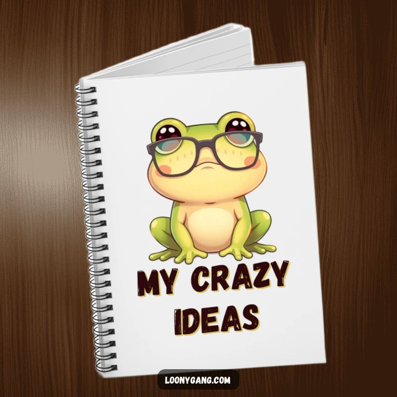 Funny frog wearing oversized glasses and looking confused on a notebook cover, a creative and funny gift.