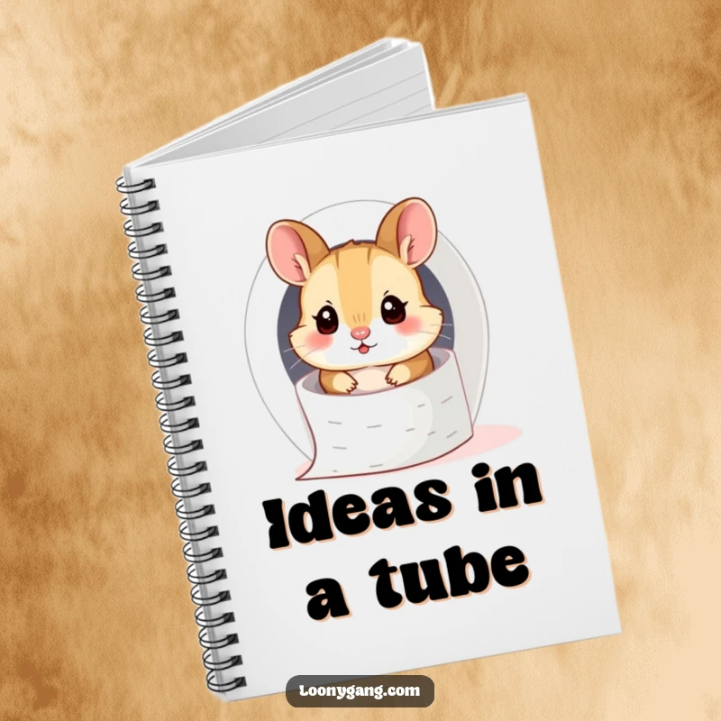 Funny hamster cub comically stuck inside a toilet paper roll, perfect for a notebook cover.
