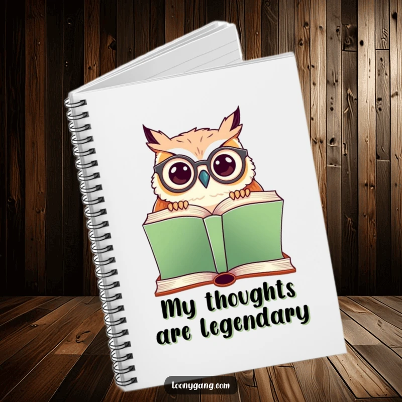 Funny notebook with a cover showing an owl wearing crooked glasses, peeking over a large book, inspiring notes.