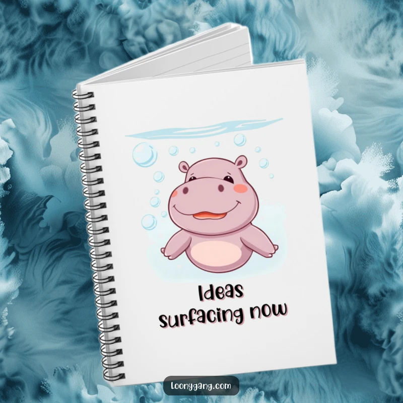 Funny giggling hippo blowing bubbles underwater on a ruled notebook cover, a creative and funny gift for note-takers.