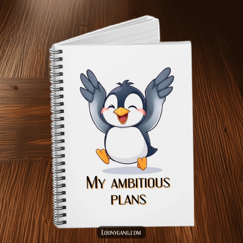 A lined notebook featuring a cover illustration of a funny penguin cub wildly flapping its wings in an attempt to fly.