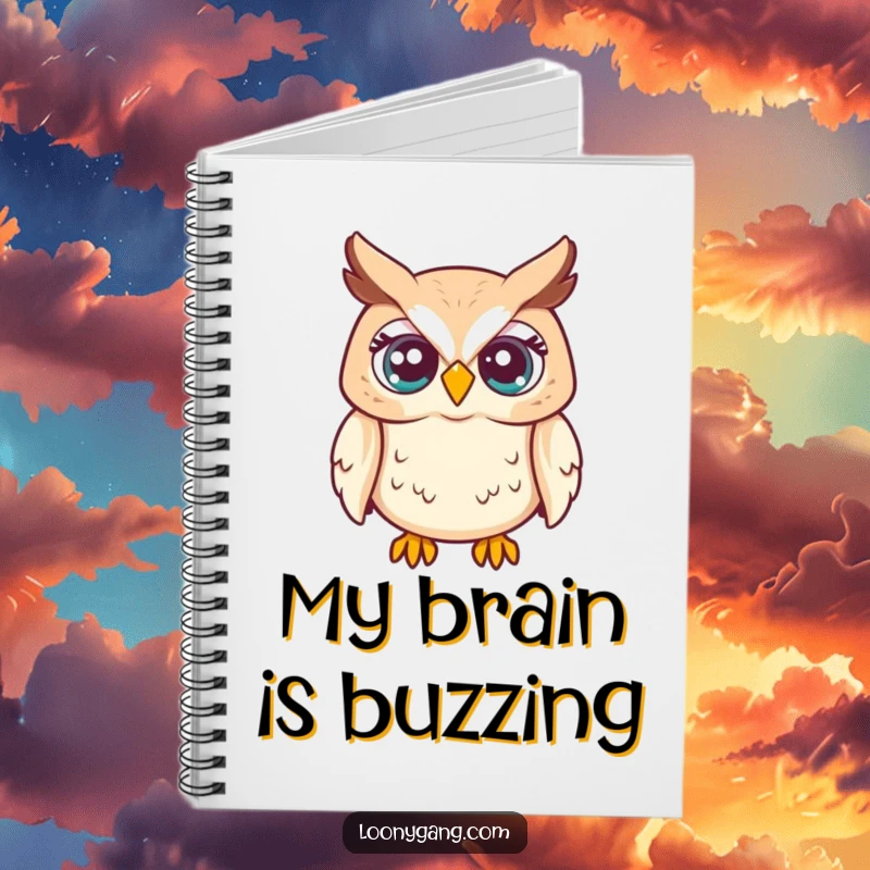 Funny notebook with a startled owl with eyes popping out on the cover, ideal for notes and ideas, great funny gift.