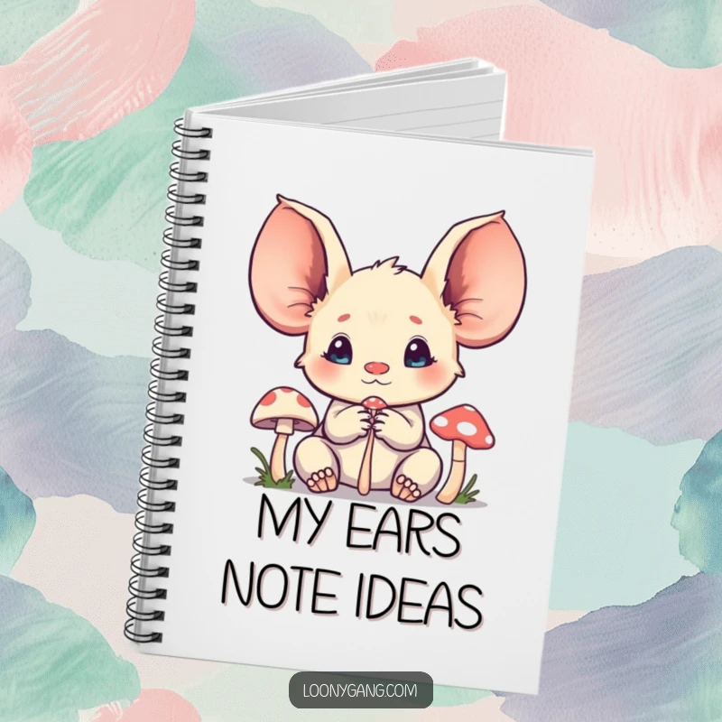 Funny creature notebook design of a character with oversized ears listening intently to a tiny mushroom, ready for notes.