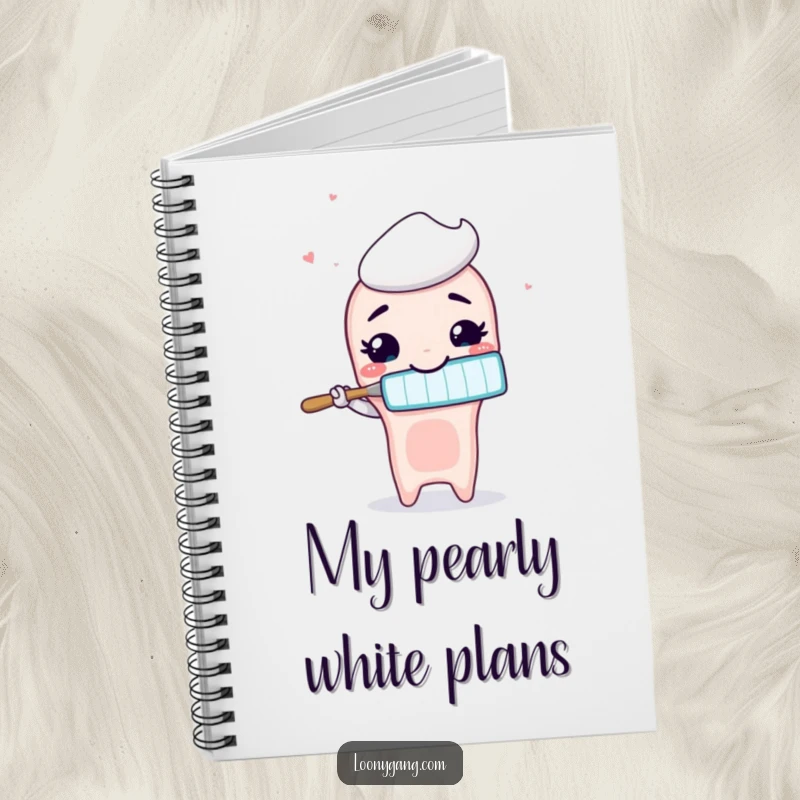 Funny animated toothbrush with a wide, silly smile brushing air, ready to jot down notes in this notebook.