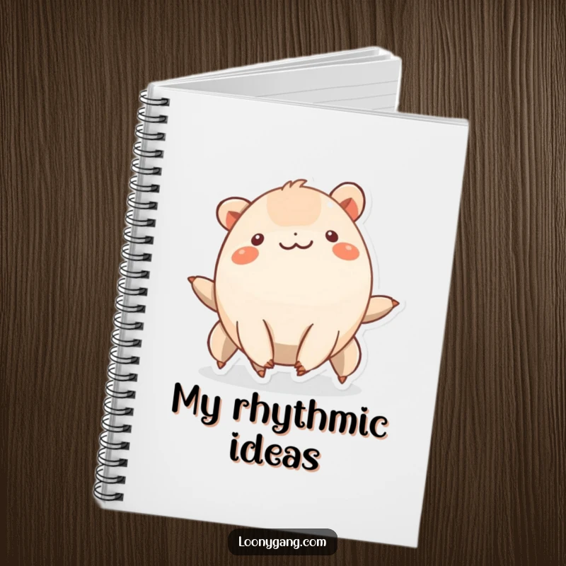 Funny smiling creature with six short legs wiggling rhythmically, a humorous notebook.