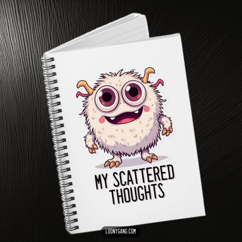 Funny fuzzy monster with too many eyes tripping over its feet, ready to jot down notes in this notebook.