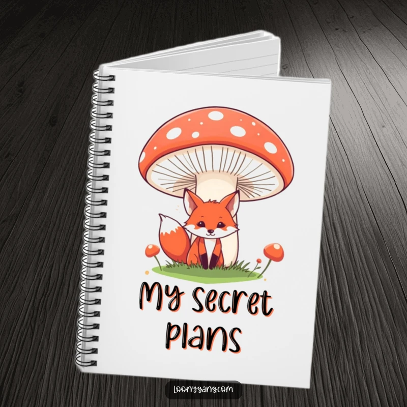 Funny fox notebook for jotting notes, featuring a sly red fox peeking from behind a giant, comical mushroom. Perfect for journaling, sketching, and lovers of funny stationery.