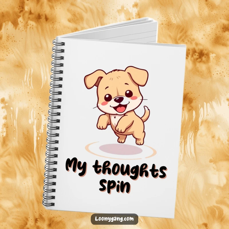 Funny puppy notebook for jotting notes, featuring a clumsy dog spinning in a dizzy circle chasing its tail. Perfect for journaling, sketching, and lovers of funny stationery.