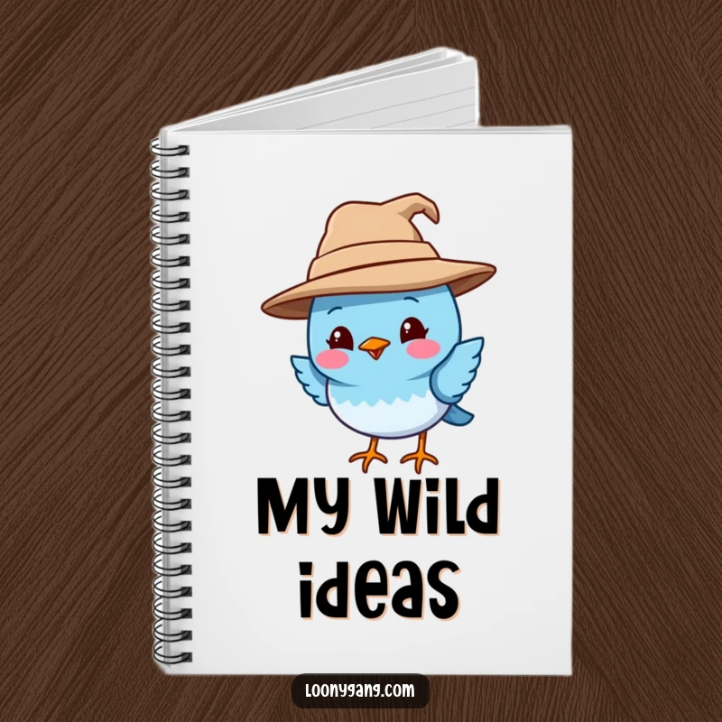 Funny blue bird notebook for jotting notes, featuring a smiling blue bird wearing a comically oversized and crooked hat. Perfect for journaling, sketching, and lovers of funny stationery.