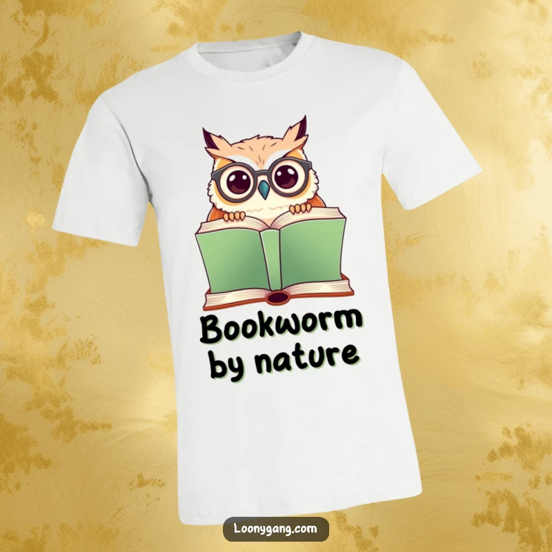 Funny t-shirt depicting an intelligent owl with crooked glasses peeking over a large book, conveying a love for reading.