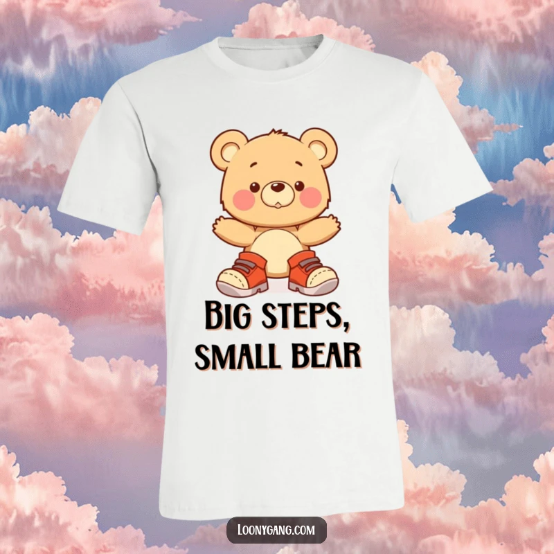 A comical t-shirt featuring a funny bear cub struggling to walk in comically oversized shoes, wobbling with adorable charm.