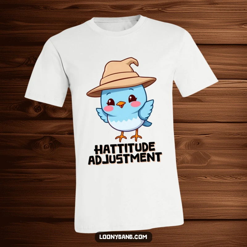 Funny blue bird t-shirt depicting a smiling blue bird wearing a comically oversized and tilted hat, full of personality. Great for those who love funny, character-driven animal shirts.