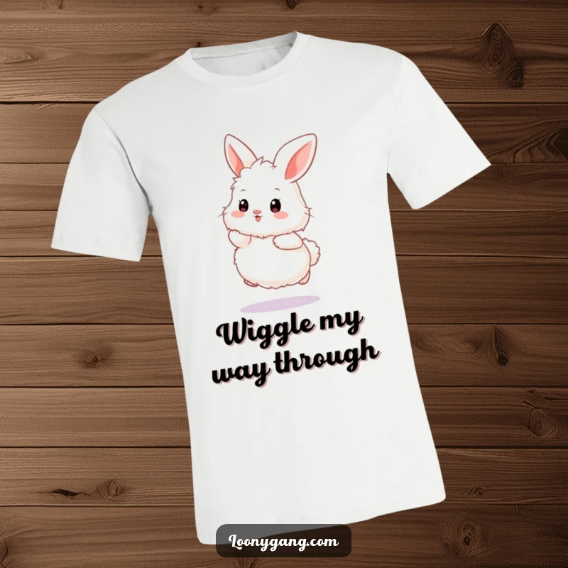 Funny bunny t-shirt showcasing a fluffy white rabbit performing a comical, exaggerated wiggle hop, radiating cheerful energy.